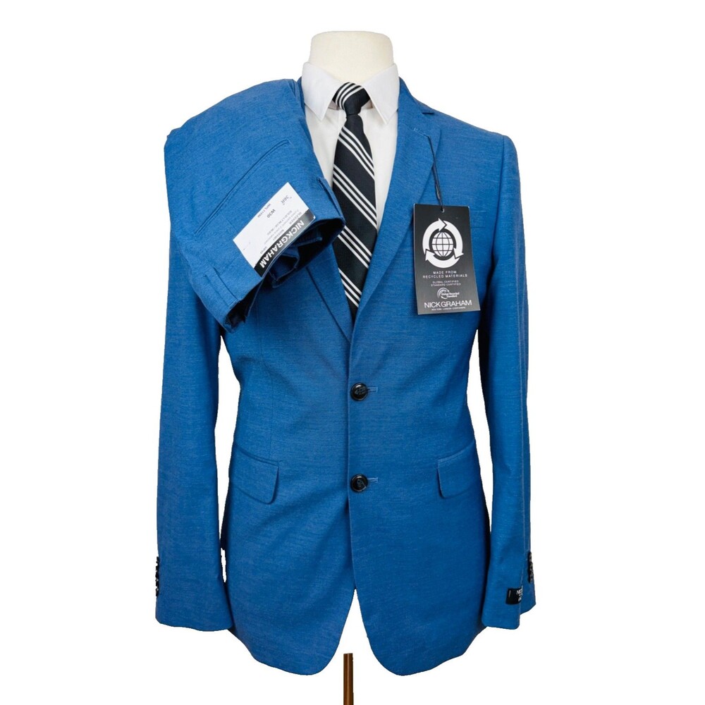 $395 NEW NICK GRAHAM MENS 36R BLUE MODERN 2 PIECE SUIT WITH DRESS PANTS 30X32